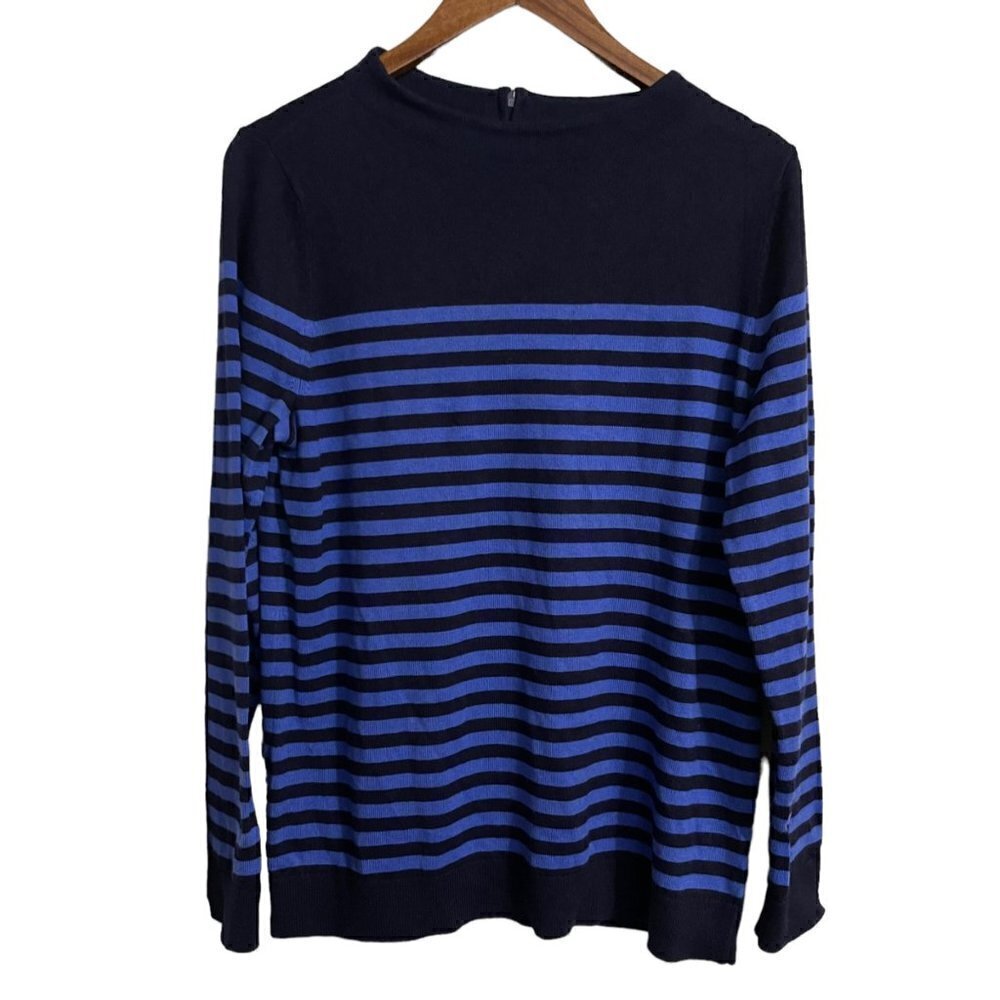 Talbots Womens Blue Striped Crewneck Zipper Back Long Sleeve Sweater Size XL